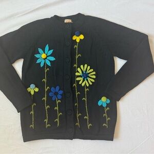 True Vintage (50s?) Black Cardigan with Colorful Floral Embroidery Knitwear